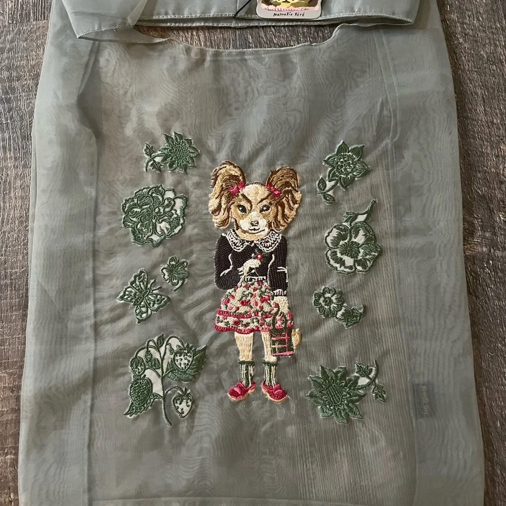 Last*** Nathalie Lete organdy fabric sheer bag! Embroidery grey w/ dog pigtails!